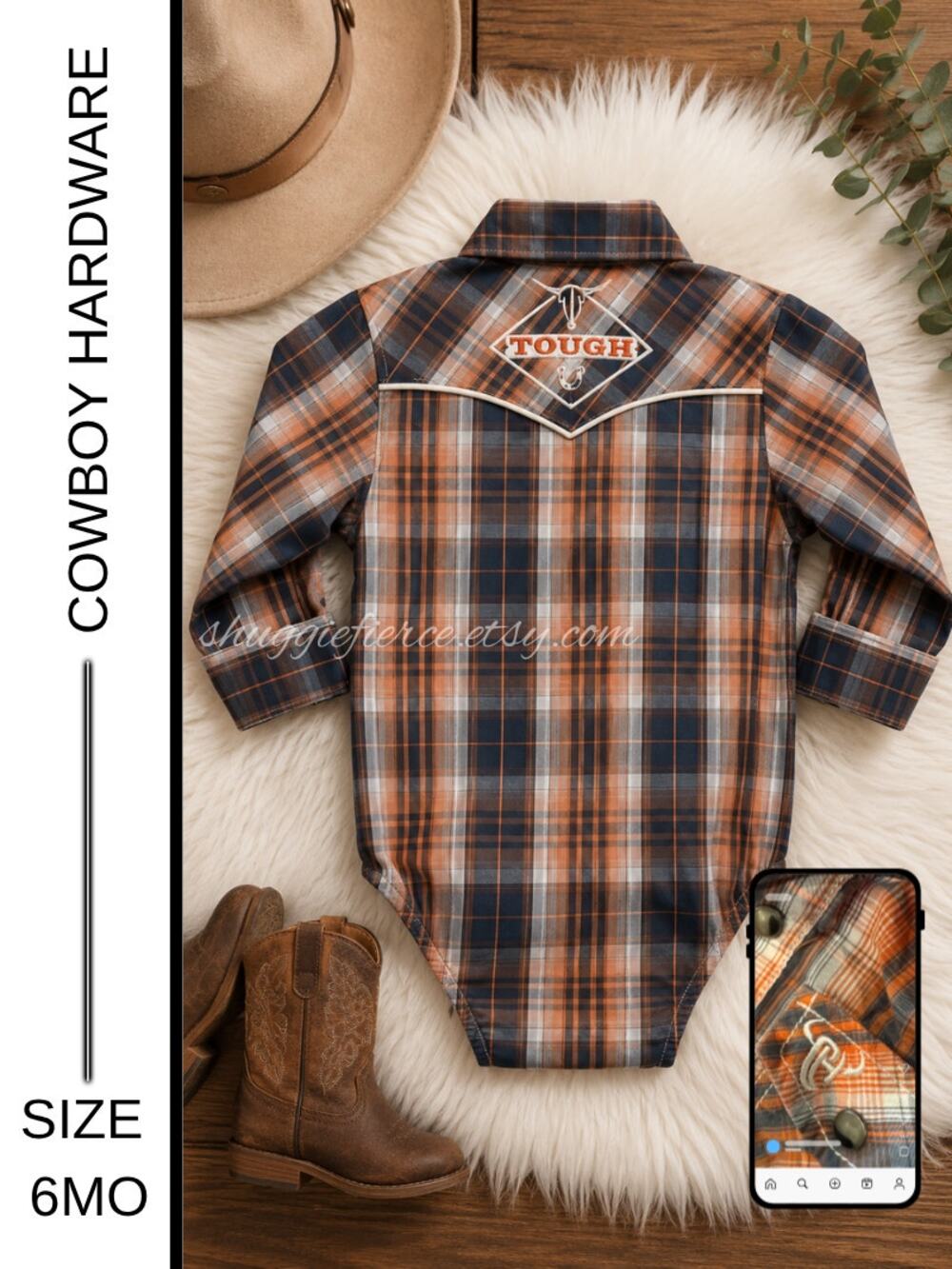 MSRP: $34 ✨ Cowboy Hardware Western Plaid Snap Bodysuit | 6 Months✨SAME DAY SHIP